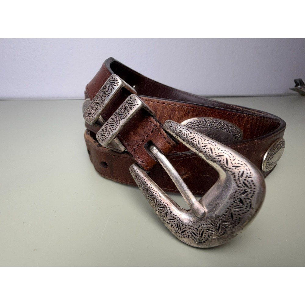 Bill Adler Studio Leather Western Concho Belt Brown Engraved Buckle Size 38